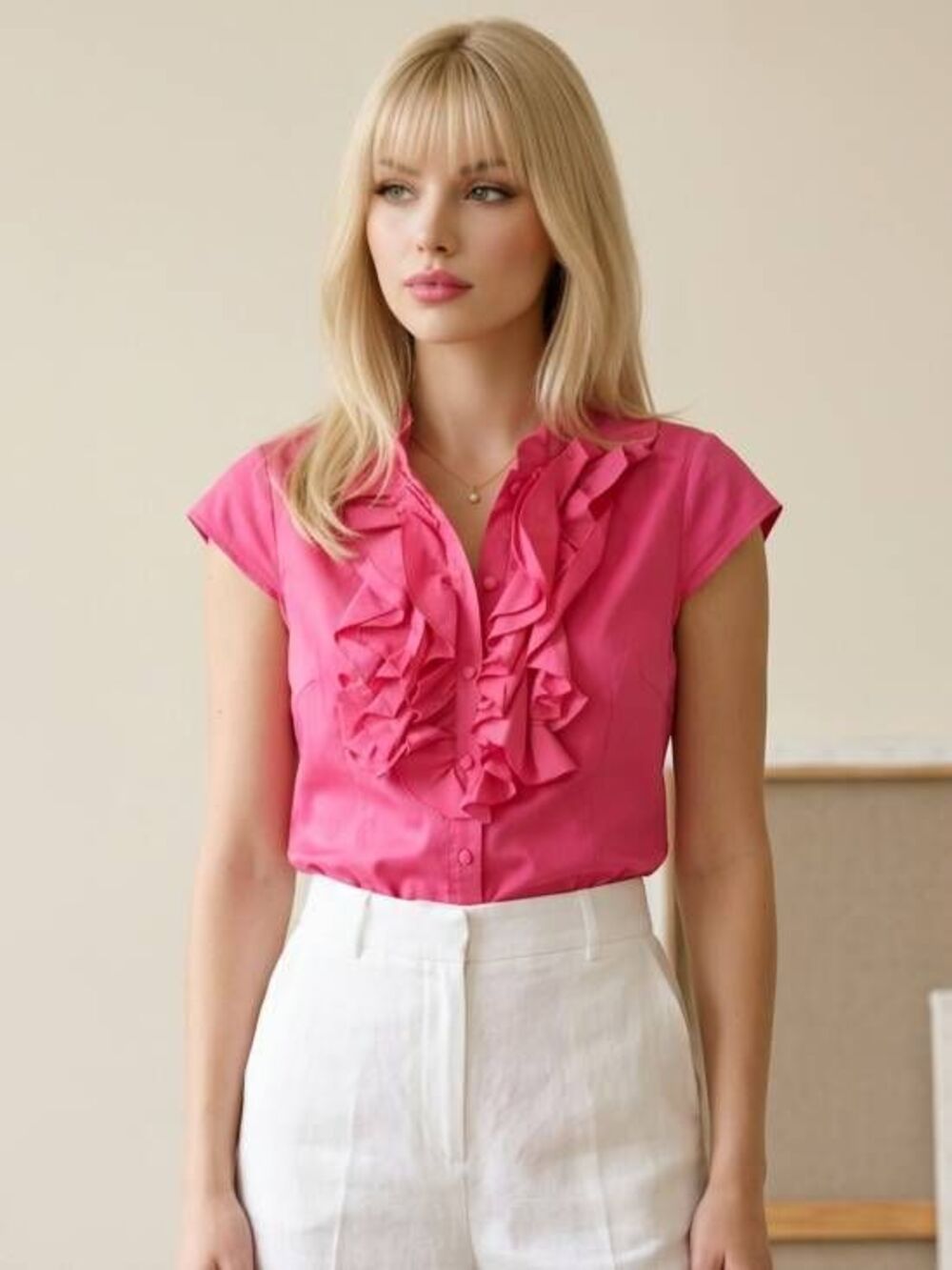 🔹️Loft Hot Pink Cap Sleeve Ruffled Buttoned Cap Sleeve Top Large